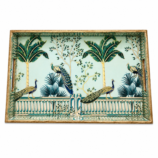 Enamel Coated Set of 3 Serving Trays with Peacock Tropical Design – Waterproof Nested Trays