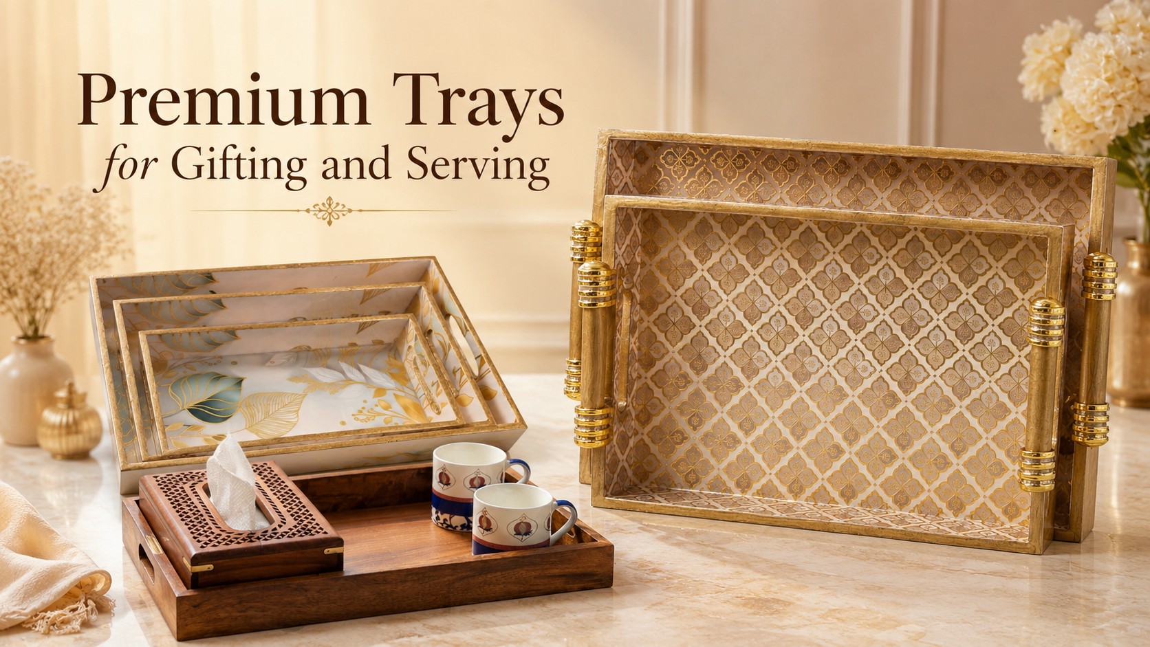 Premium decorative serving trays, nesting tray set and wooden tray combo displayed in an elegant setting for gifting and serving.