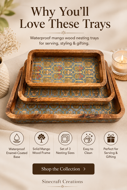 Regal Floral Motif waterproof mango wood enamel tray set of 3 with blue-grey gold pattern and easy-clean base