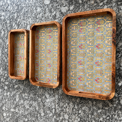 Regal Floral Motif waterproof mango wood enamel tray set of 3 with blue-grey and gold patterned base