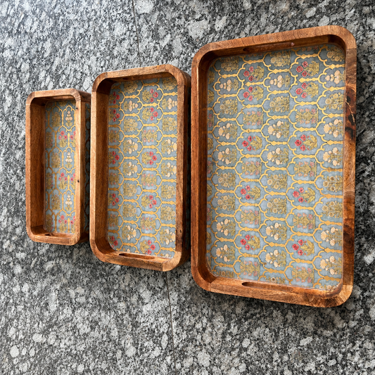 Regal Floral Motif waterproof mango wood enamel tray set of 3 with blue-grey and gold patterned base