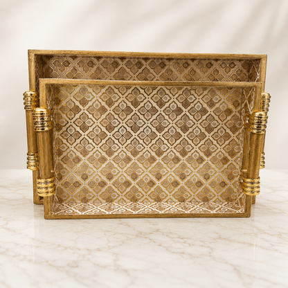 Royal Gold Trellis large enamel-coated serving tray set of 2 with elegant wooden handles and gold geometric pattern