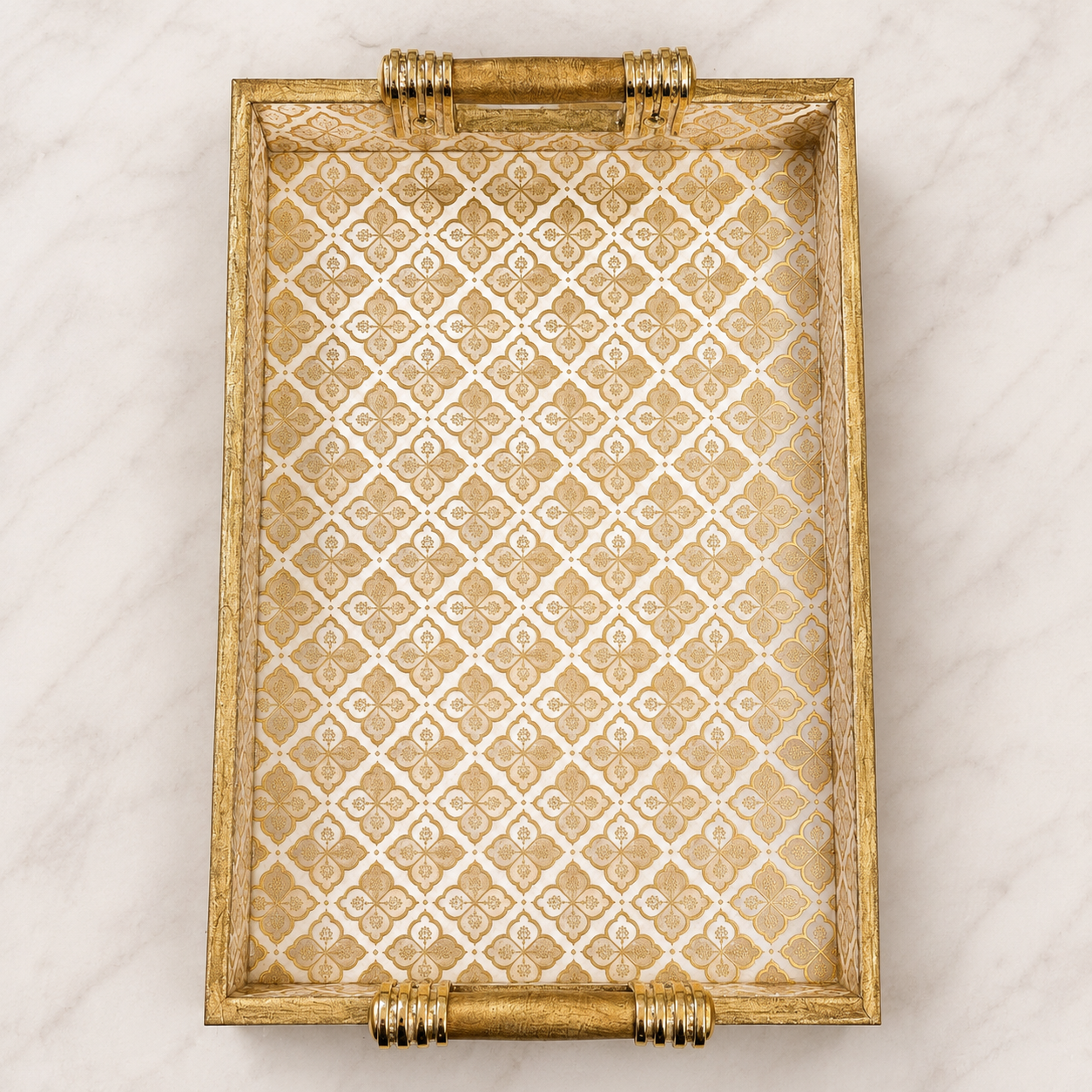Top view of Royal Gold Trellis large enamel-coated serving tray with elegant wooden handles and ivory gold geometric pattern
