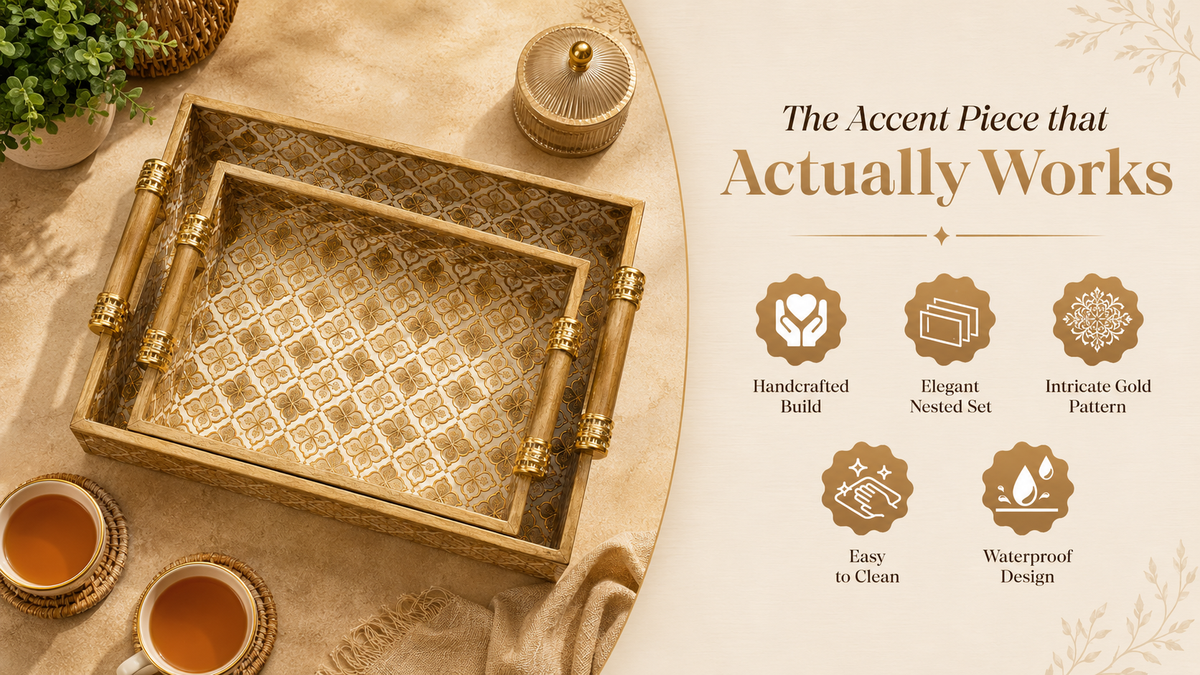 Premium royal gold trellis nested serving tray set with handcrafted wooden frames, decorative gold handles and waterproof easy-to-clean design.