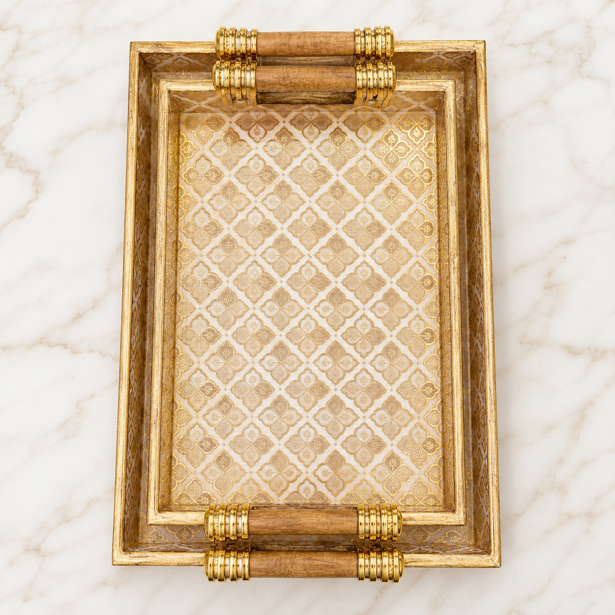 Top view of Royal Gold Trellis enamel-coated serving tray set of 2 with elegant wooden handles and ivory gold geometric pattern