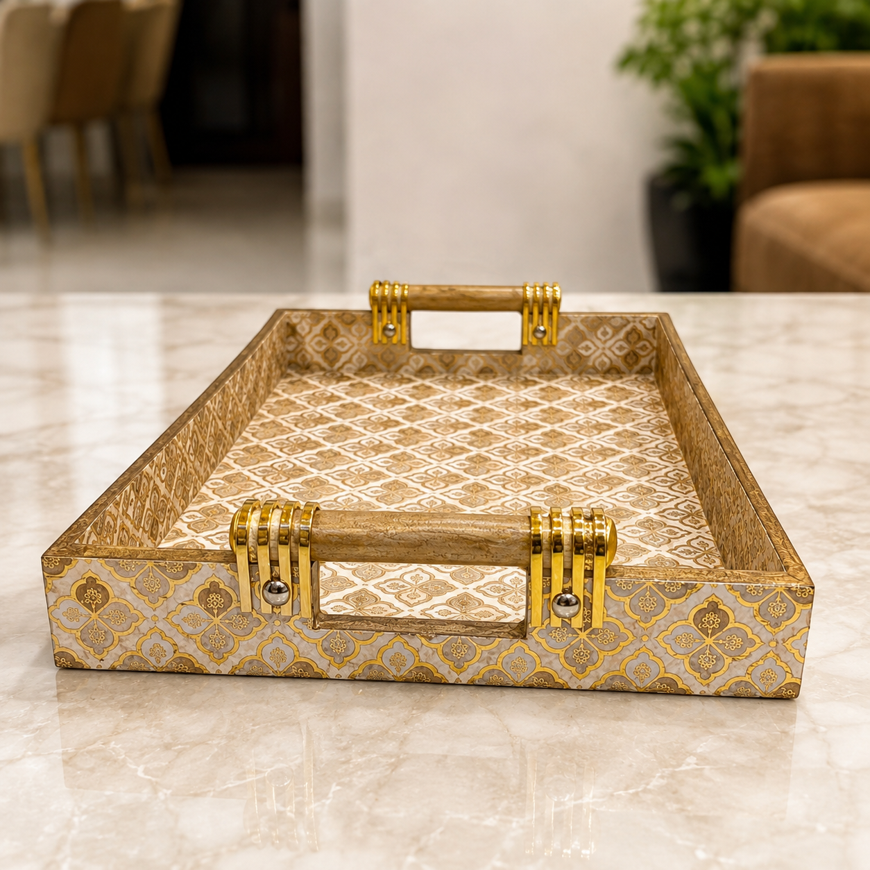 Angled close-up of Royal Gold Trellis enamel-coated serving tray with elegant wooden handles and ivory gold geometric pattern
