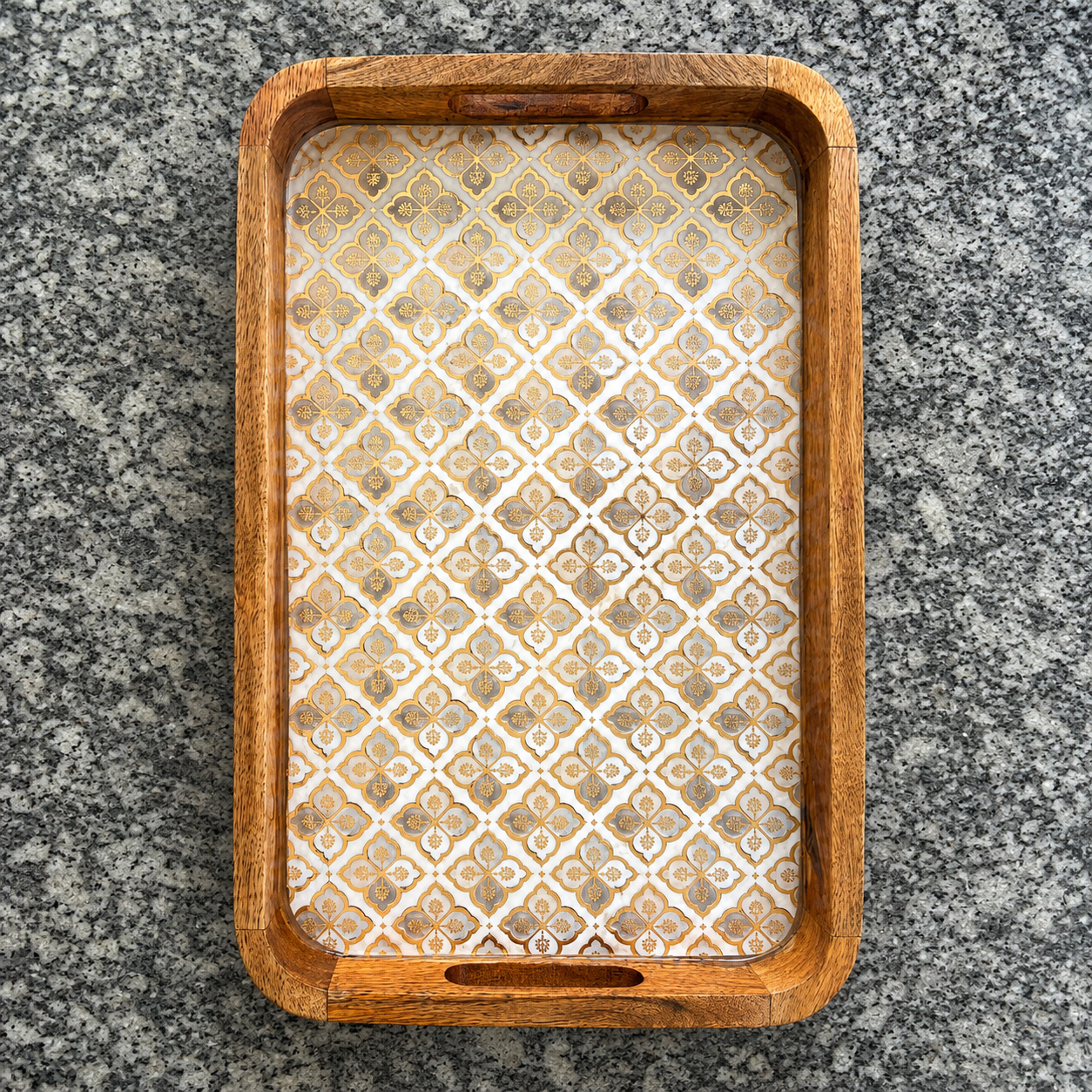 Large Royal Jali waterproof mango wood enamel serving tray with glossy gold and grey patterned base
