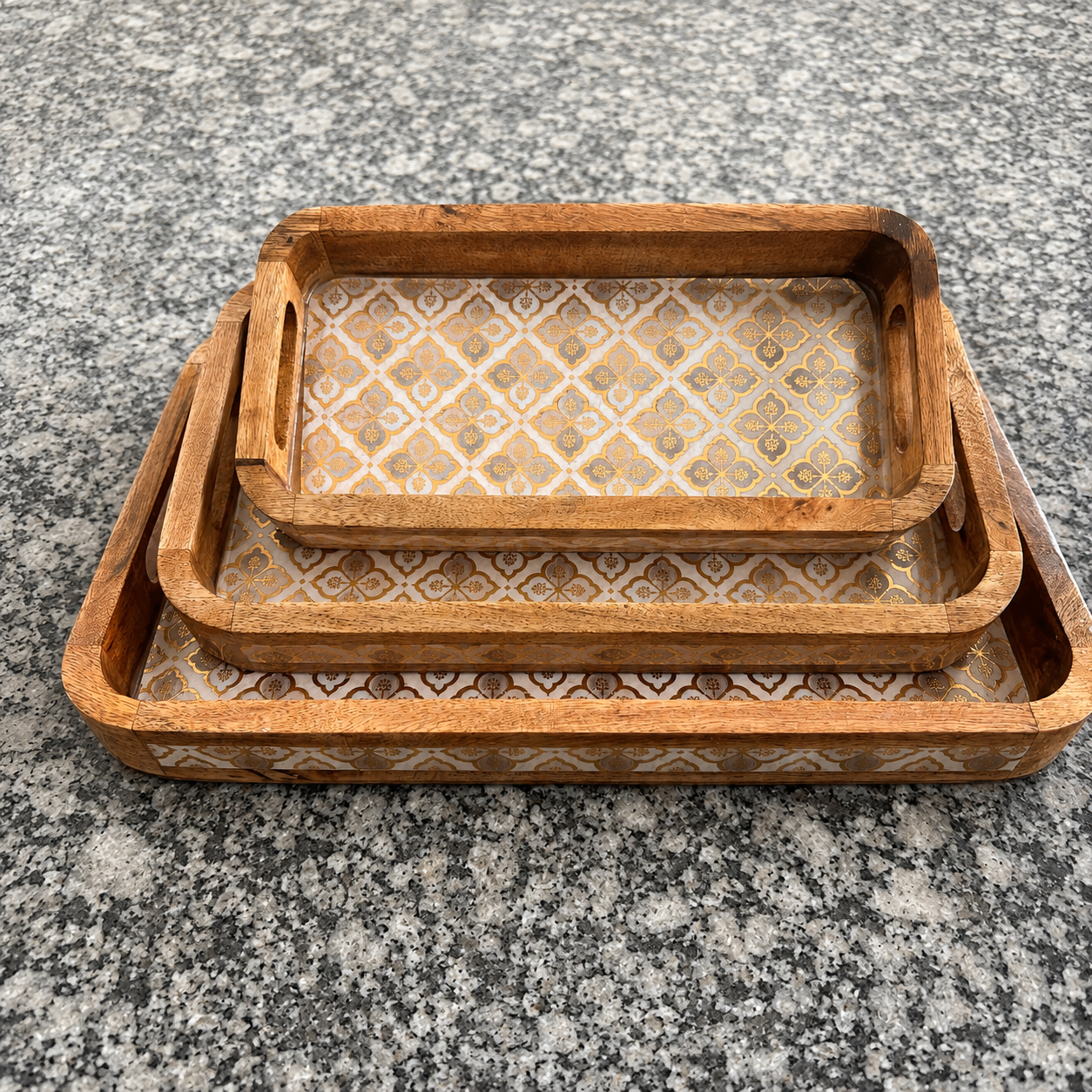 Royal Jali nesting mango wood enamel trays with glossy waterproof patterned base