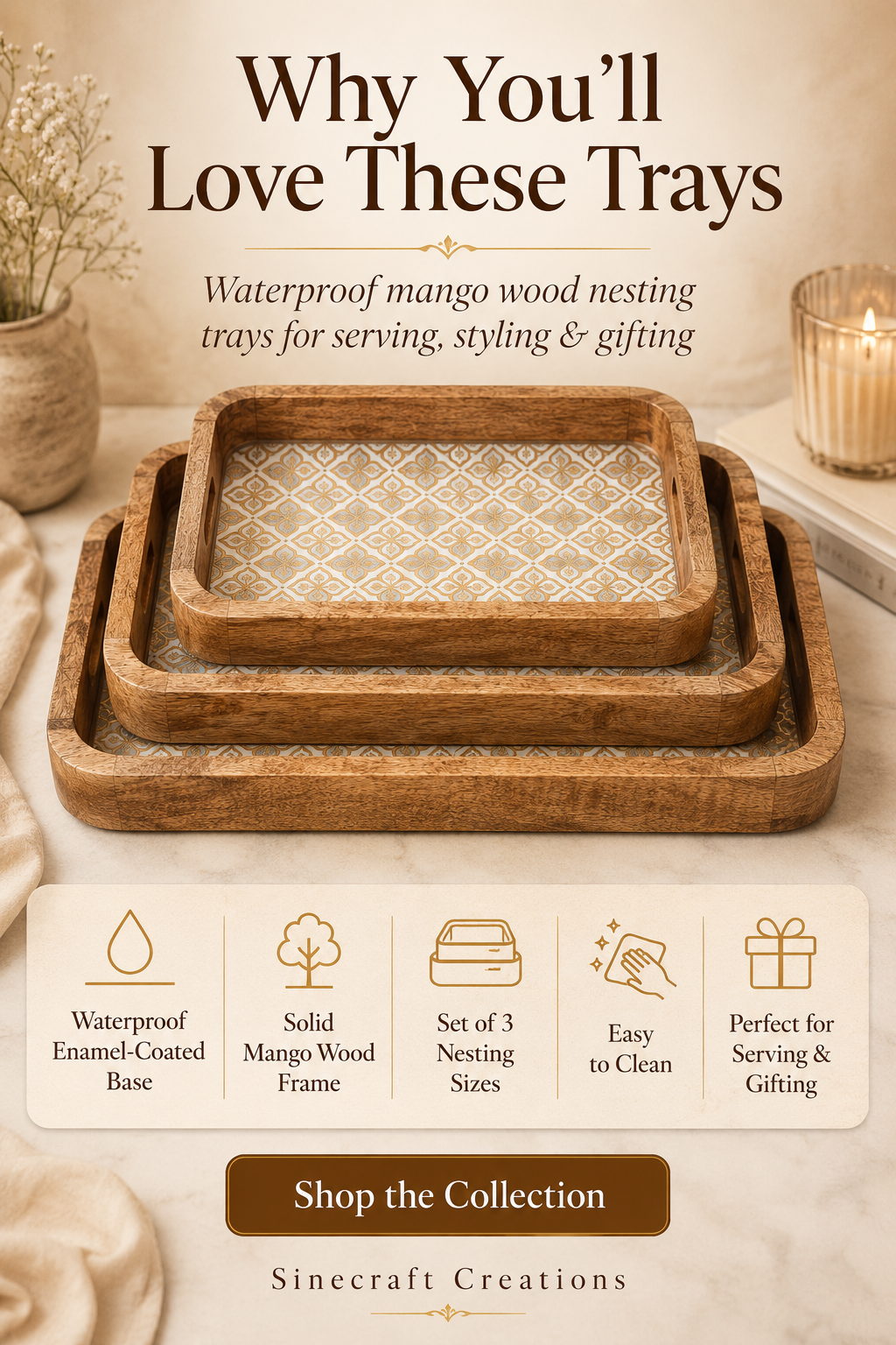 Royal Jali waterproof mango wood enamel tray set of 3 with solid wooden frame and easy-clean base