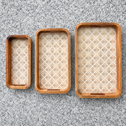 Royal Jali waterproof mango wood enamel tray set of 3 with gold and grey pattern on granite surface