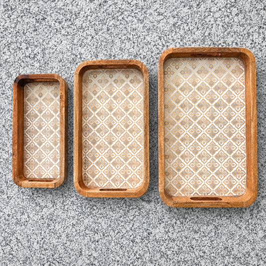 Royal Jali waterproof mango wood enamel tray set of 3 with gold and grey pattern on granite surface