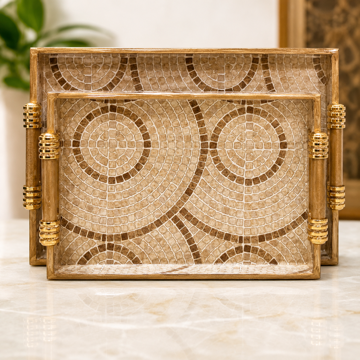 Sandstone Mosaic Swirl large enamel-coated serving tray set of 2 with elegant wooden handles and beige circular mosaic design