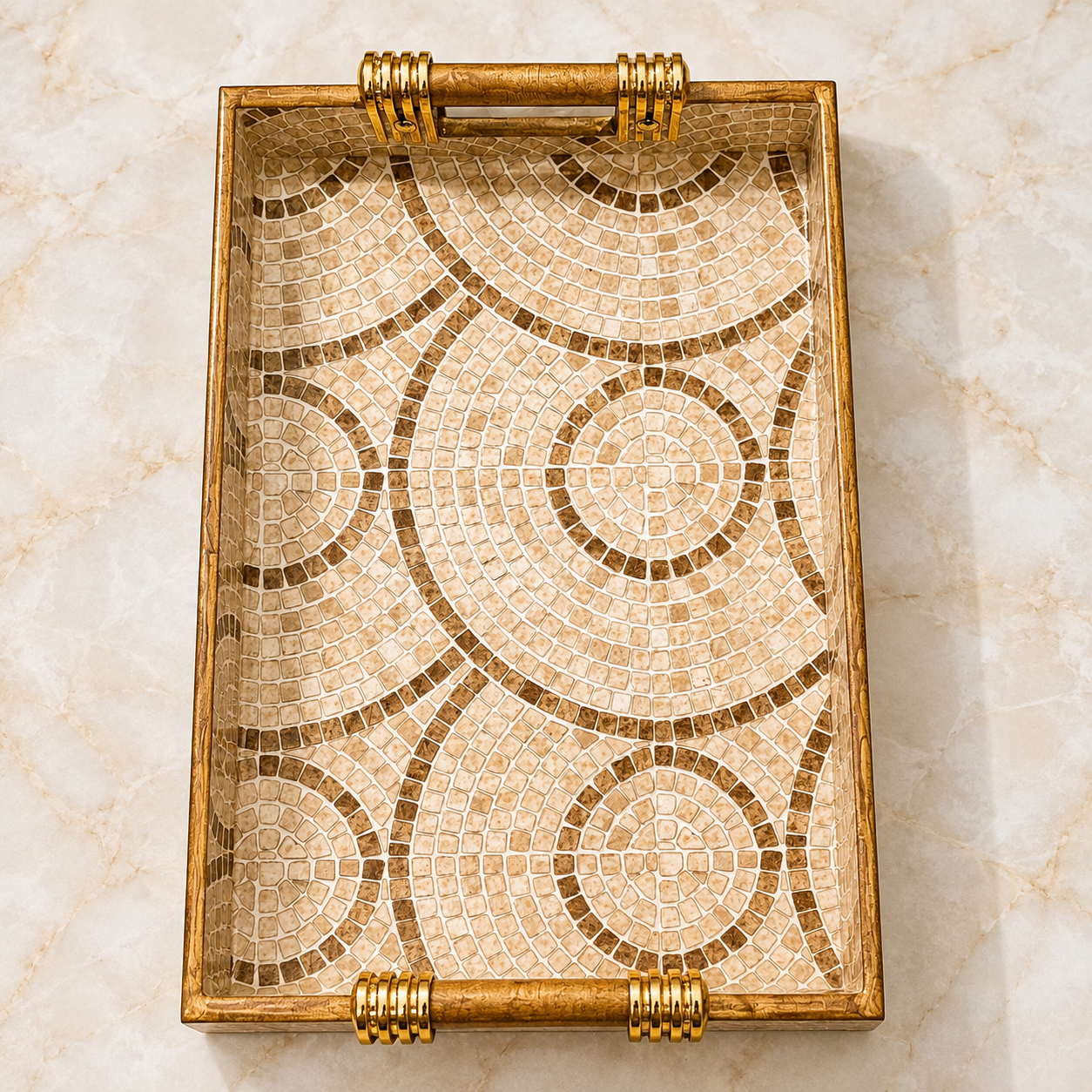Top view of Sandstone Mosaic Swirl large enamel-coated serving tray with wooden handles and beige circular mosaic pattern