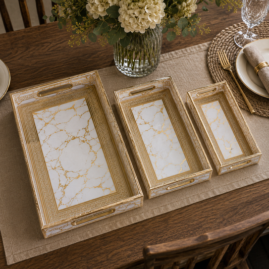 Enamel Coated Set of 3 Serving Trays with Gold Marble Pattern – Waterproof Nested Trays