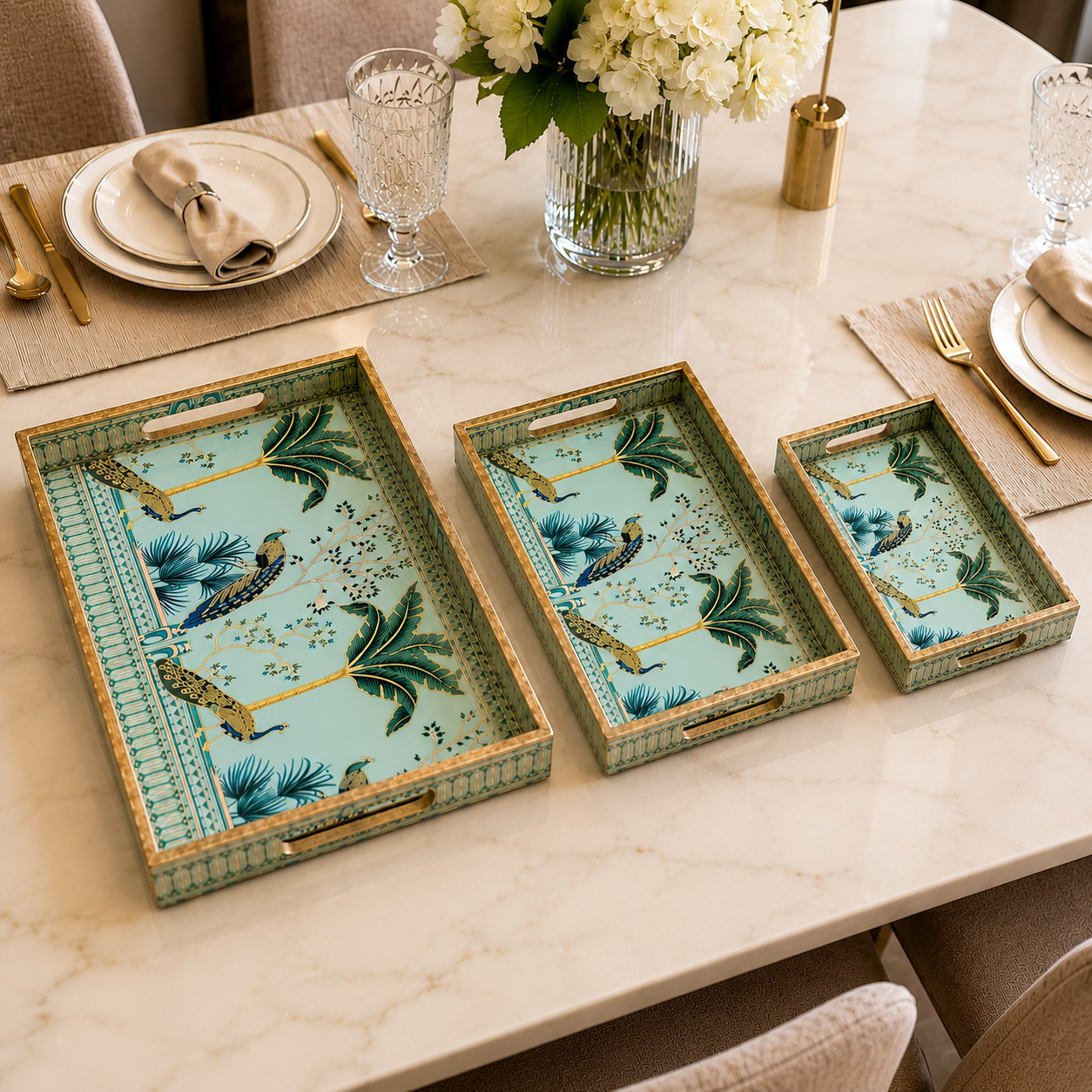 Enamel Coated Set of 3 Serving Trays with Peacock Tropical Design – Waterproof Nested Trays