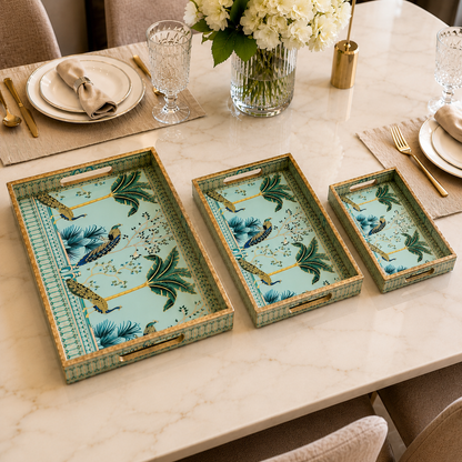 Enamel Coated Set of 3 Serving Trays with Peacock Tropical Design – Waterproof Nested Trays