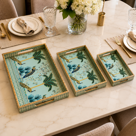 Enamel Coated Set of 3 Serving Trays with Peacock Tropical Design – Waterproof Nested Trays