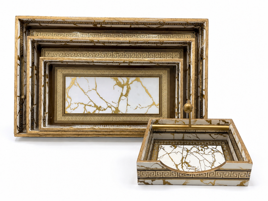 White and gold marble-design nesting tray set of 3 with matching open tissue holder.