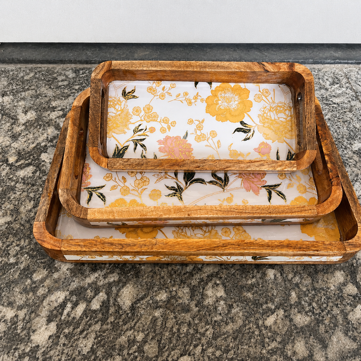 Stacked floral mango wood enamel tray set with glossy waterproof base and natural wooden frame