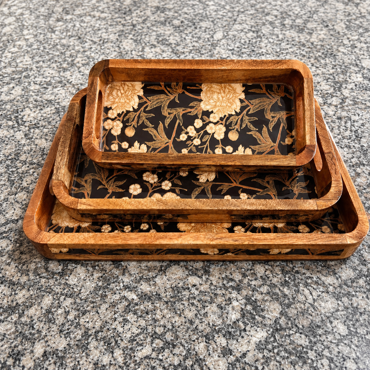 Stacked Midnight Blossom waterproof mango wood enamel tray set with black floral base and mango wood frame