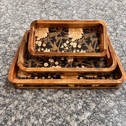 Stacked Midnight Blossom waterproof mango wood enamel tray set with black floral base and mango wood frame
