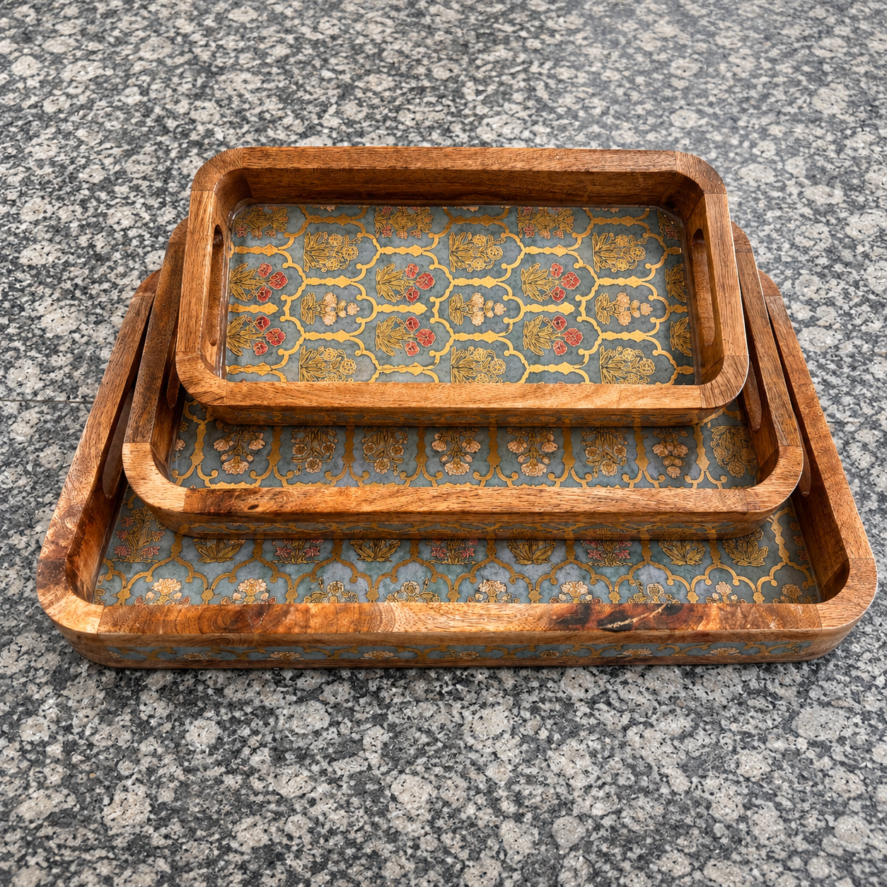 Stacked Regal Floral Motif waterproof mango wood enamel tray set with glossy blue-grey patterned base