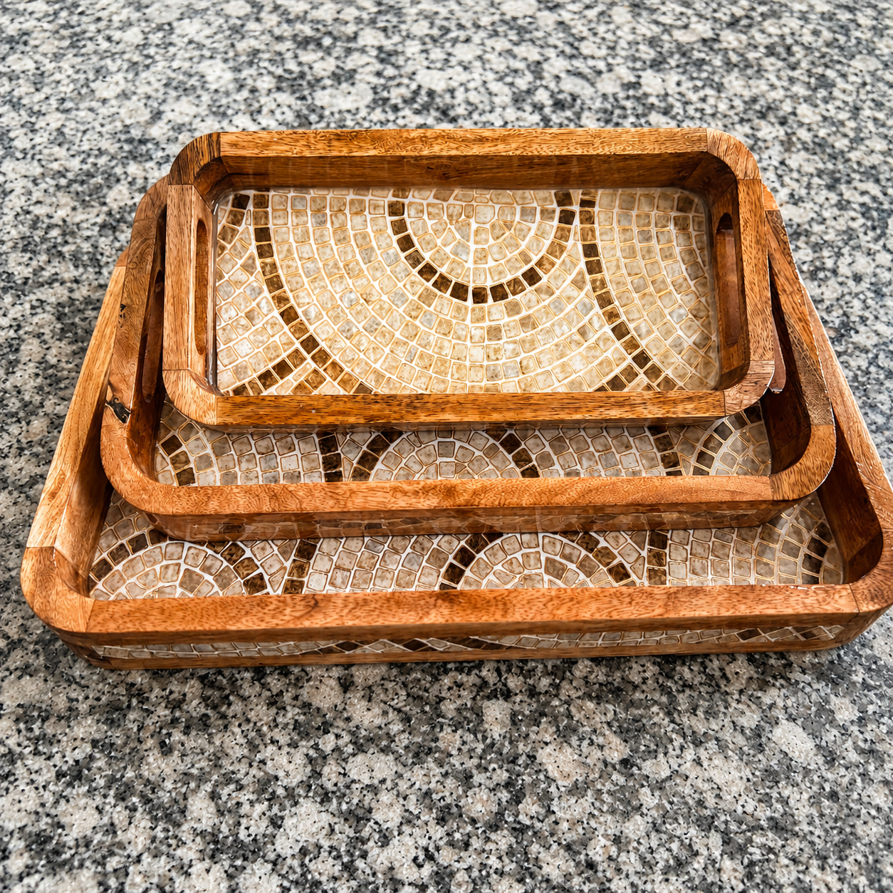Stacked Stone Mosaic waterproof mango wood enamel tray set with natural wooden frame