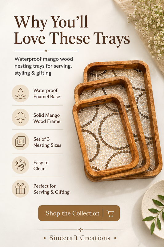 Stone Mosaic waterproof mango wood enamel tray set of 3 with ivory beige mosaic design and solid mango wood frame