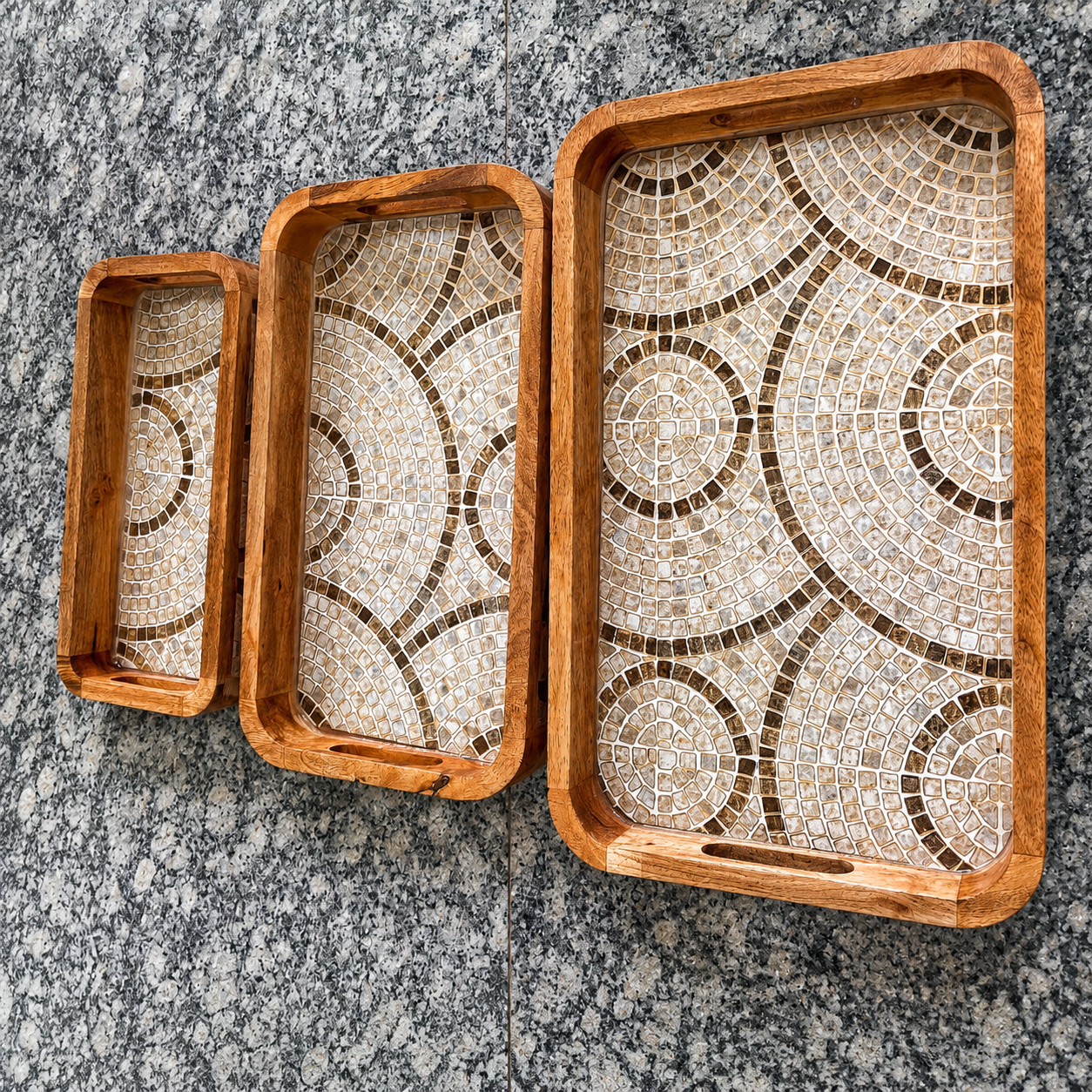 Stone Mosaic waterproof mango wood enamel tray set of 3 with ivory beige mosaic pattern