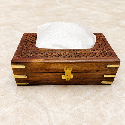 Carved wooden tissue holder with brass accents, 9 x 6 inches, for dining table and home decor