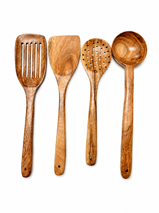 Set of 4 polished wooden kitchen utensils including spatula, slotted spoon, turner and ladle on a white background.