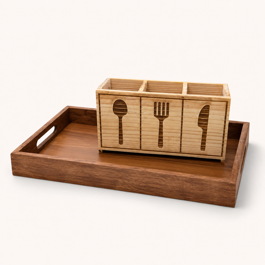 Wooden Serving Tray With Pinewood Cutlery Holder | Table Serving & Dining Organizer Combo